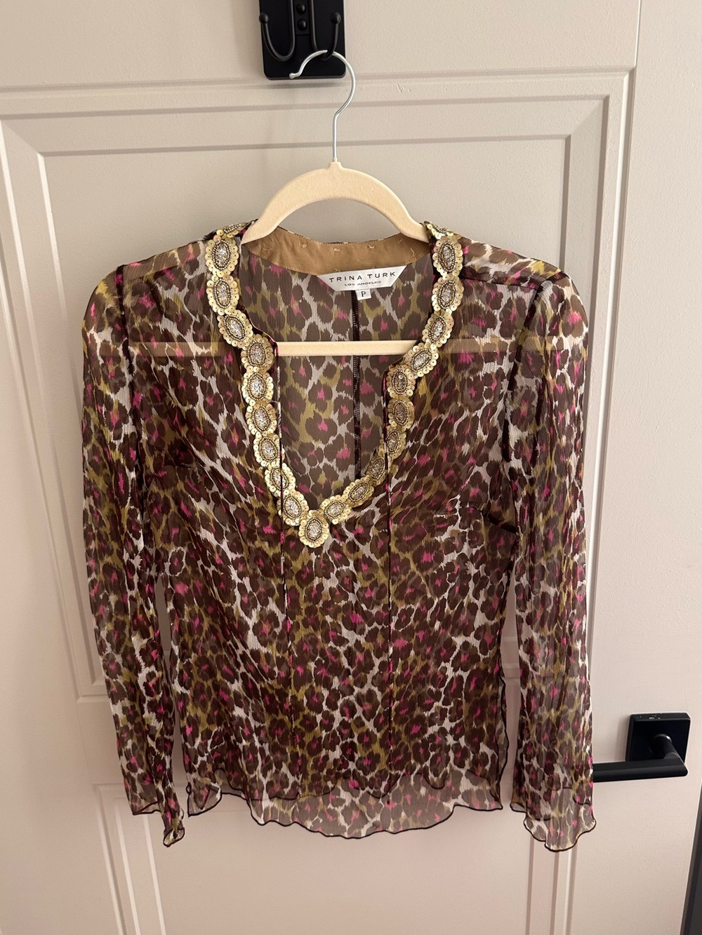Trina Turk Brown, Pink & Gold Leopard-Print Beaded V-Neck Blouse